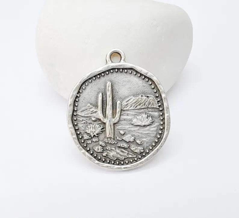 Desert Landscape Pendant, Cactus Teardrop Charm, Southwestern Jewelry, Mountain Nature Boho Pendant, Antique Silver Plated 35x22mm G37227