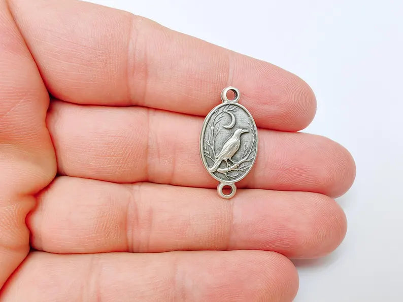 2 Raven and Moon Connector Charm Pendant, Gothic Boho Charm, Nature Earring Charm, Mystical Bird, Antique Silver Plated 27x14mm G37230