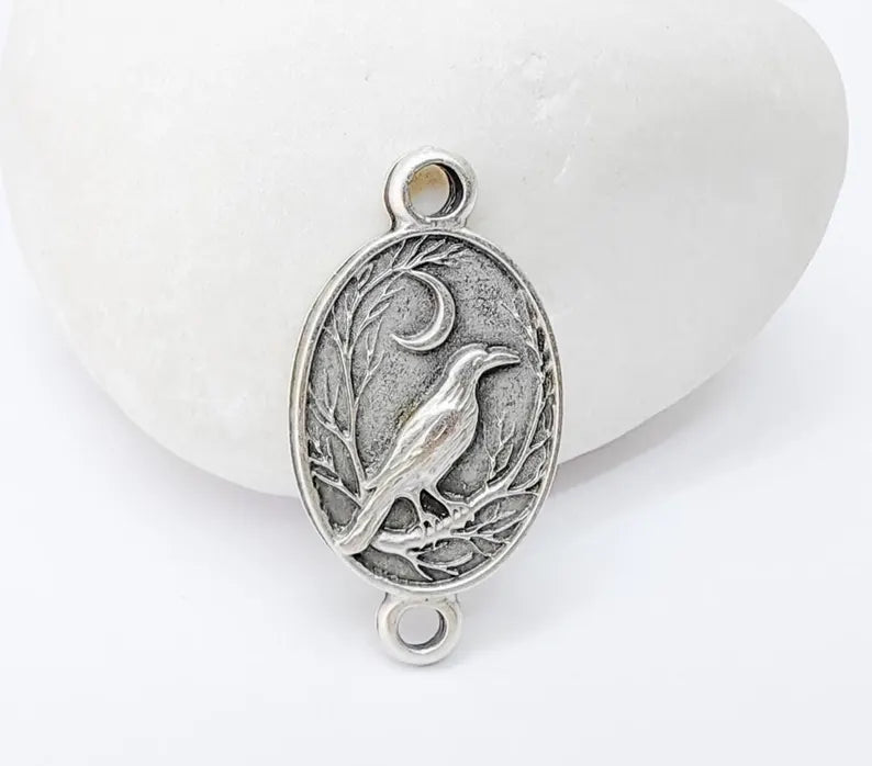 2 Raven and Moon Connector Charm Pendant, Gothic Boho Charm, Nature Earring Charm, Mystical Bird, Antique Silver Plated 27x14mm G37230