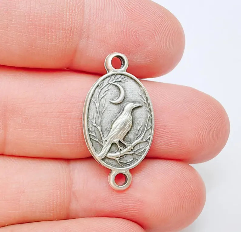 2 Raven and Moon Connector Charm Pendant, Gothic Boho Charm, Nature Earring Charm, Mystical Bird, Antique Silver Plated 27x14mm G37230