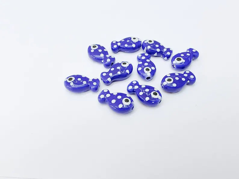 4 Porcelain Fish Beads, Navy Blue with White Dots, Ceramic Animal Beads, Flat Back, Cute Fish Charms, Jewelry Making Supplies 19x10mm G37308