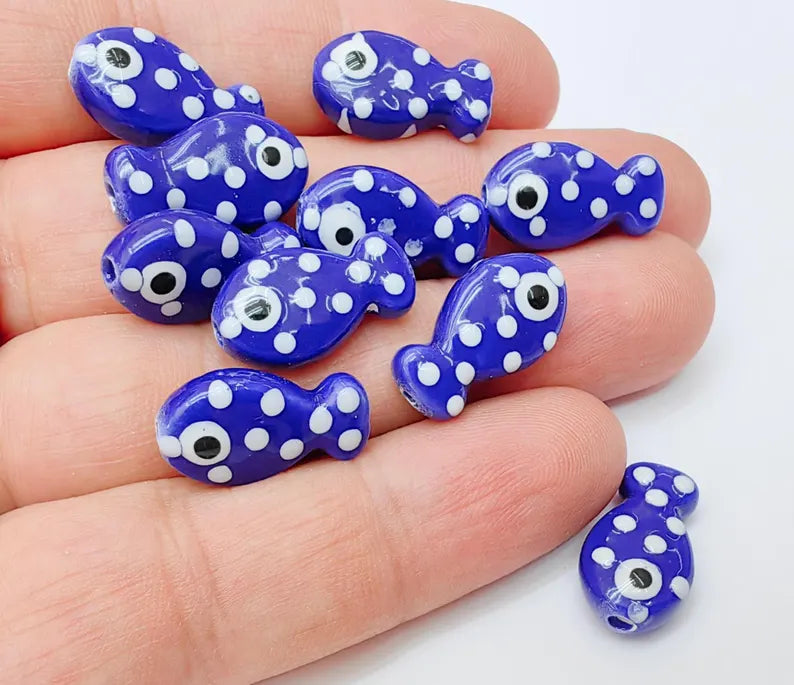 4 Porcelain Fish Beads, Navy Blue with White Dots, Ceramic Animal Beads, Flat Back, Cute Fish Charms, Jewelry Making Supplies 19x10mm G37308