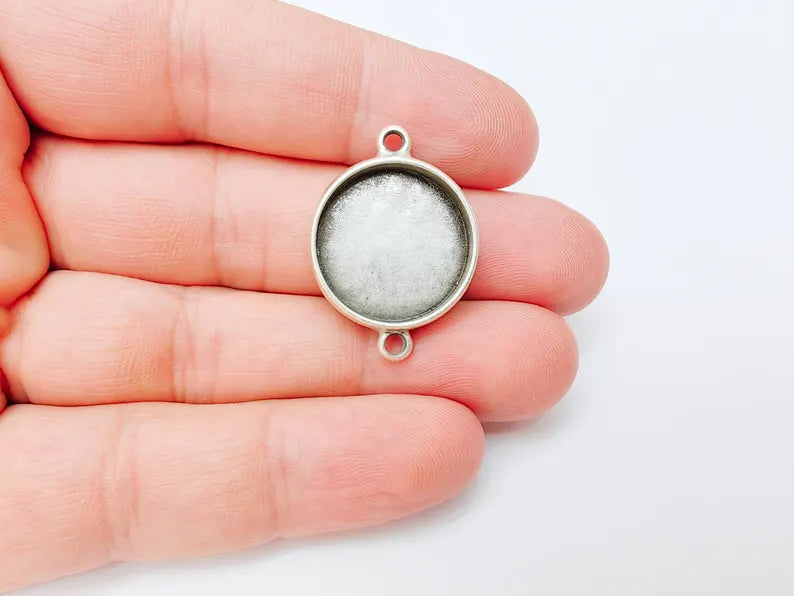 Round Connector, Double Loop Cabochon Blank, Resin Bases, Mosaic Mounting, Epoxy Setting, Antique Silver Plated 20mm G37232