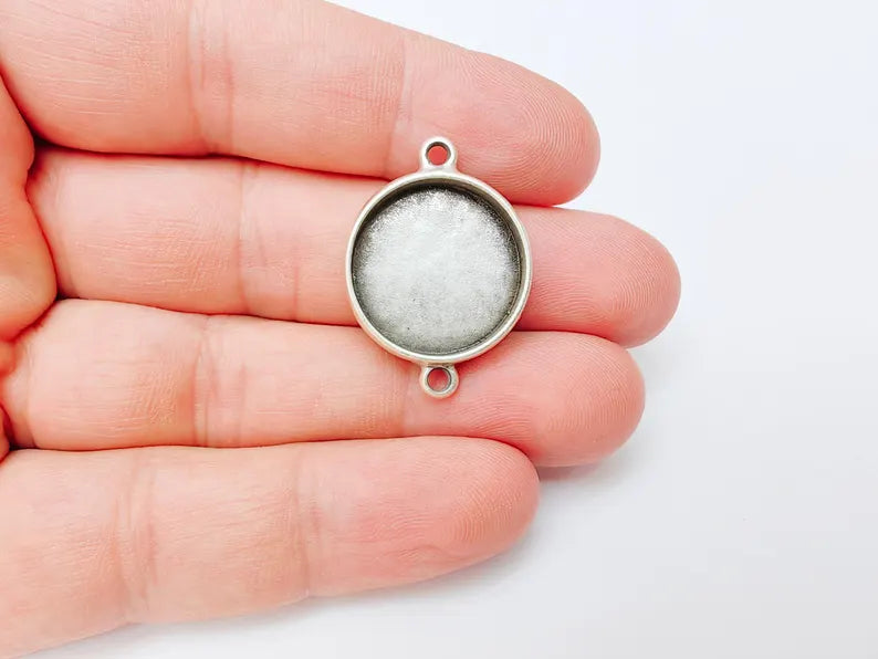 Round Connector, Double Loop Cabochon Blank, Resin Bases, Mosaic Mounting, Epoxy Setting, Antique Silver Plated 20mm G37232