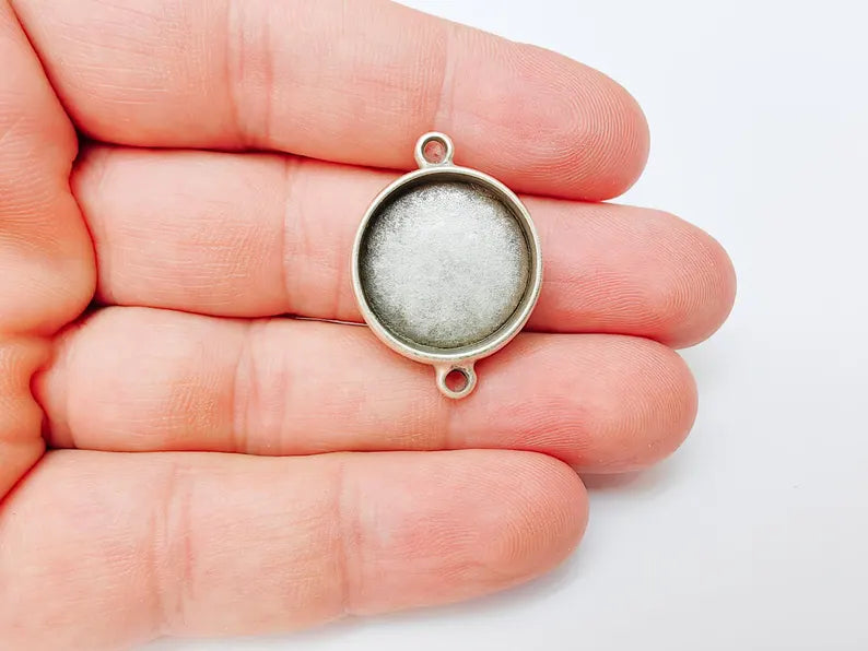Round Connector, Double Loop Cabochon Blank, Resin Bases, Mosaic Mounting, Epoxy Setting, Antique Silver Plated 20mm G37232