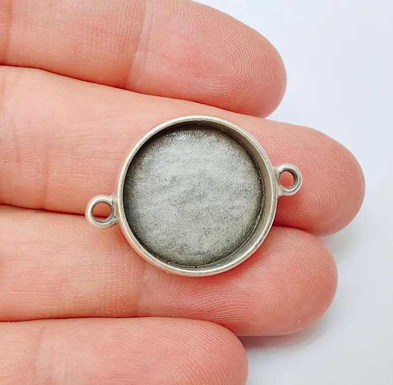 Round Connector, Double Loop Cabochon Blank, Resin Bases, Mosaic Mounting, Epoxy Setting, Antique Silver Plated 20mm G37232