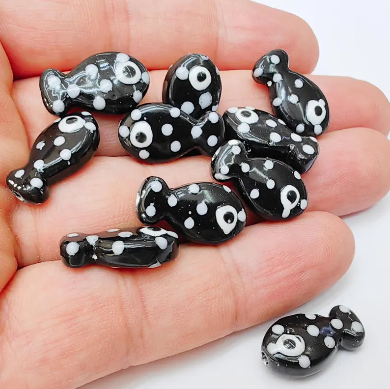 4 Porcelain Fish Beads, Black with White Dots, Ceramic Animal Beads, Flat Back, Cute Fish Charms, Jewelry Making Supplies 19x10mm G37233