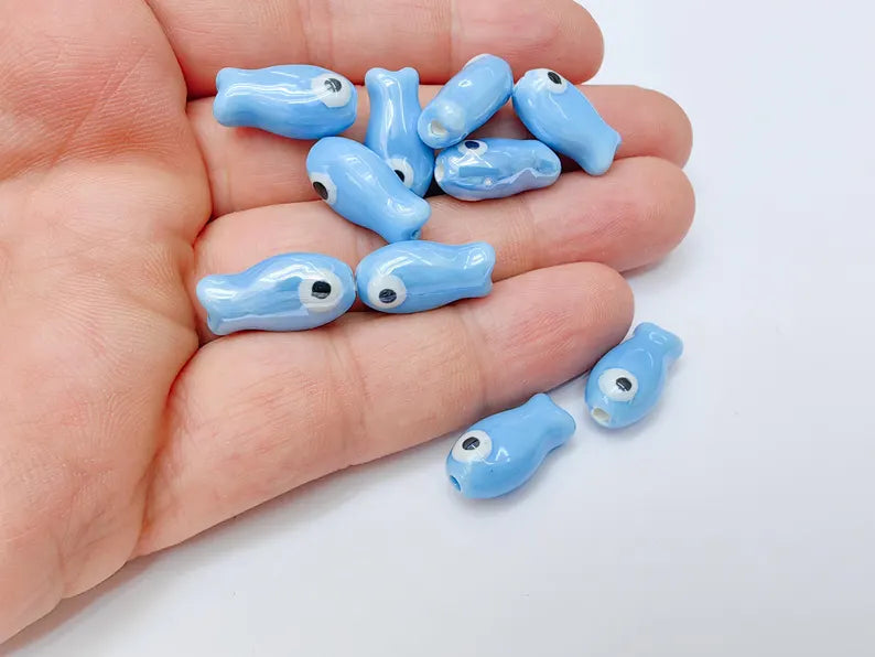 2 Porcelain Fish Beads, Ceramic Fish Beads, Blue Beads for Jewelry Making, Cute Fish Beads for DIY Crafts and Accessories 19x10mm G37234