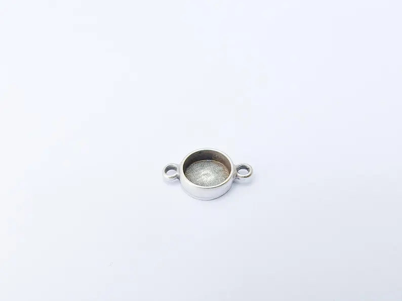 4 Round Bezel Connector, Double Loop Cabochon Blank, Resin Bases, Mosaic Mounting, Epoxy Setting, Antique Silver Plated 10mm G37235