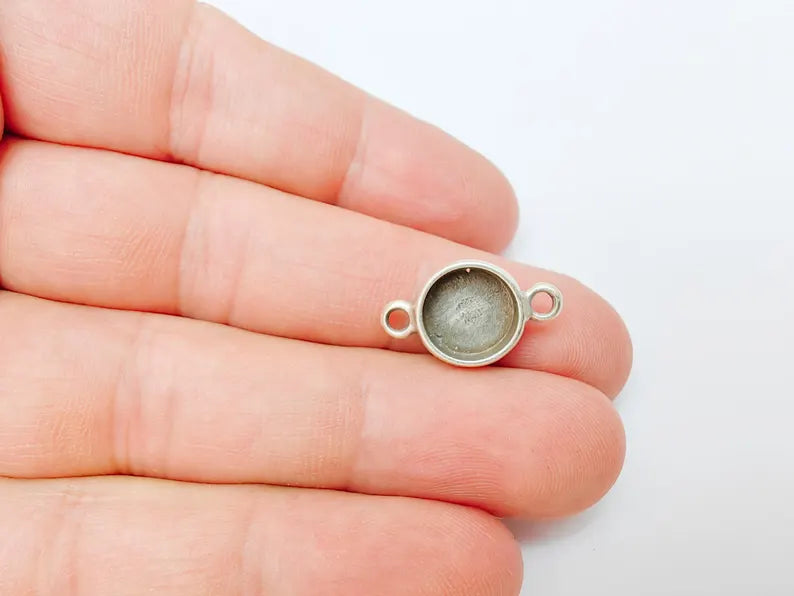 4 Round Bezel Connector, Double Loop Cabochon Blank, Resin Bases, Mosaic Mounting, Epoxy Setting, Antique Silver Plated 10mm G37235