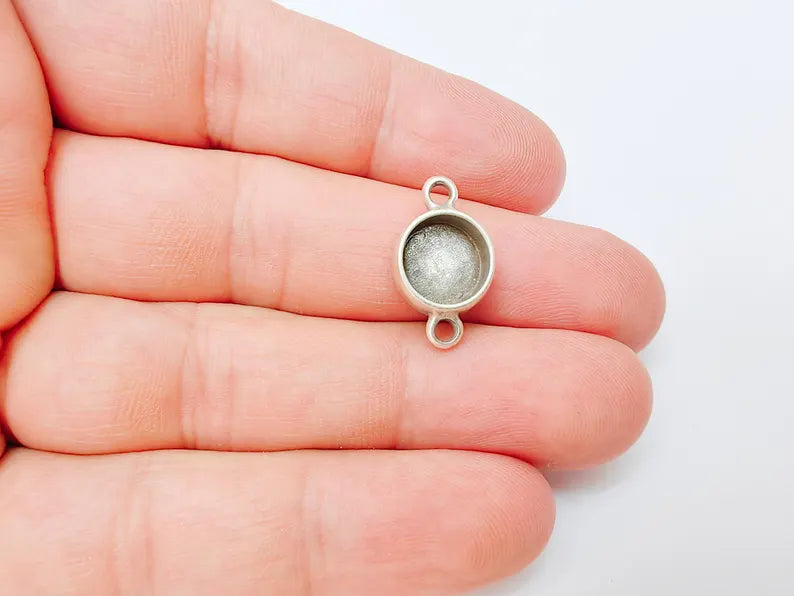4 Round Bezel Connector, Double Loop Cabochon Blank, Resin Bases, Mosaic Mounting, Epoxy Setting, Antique Silver Plated 10mm G37235