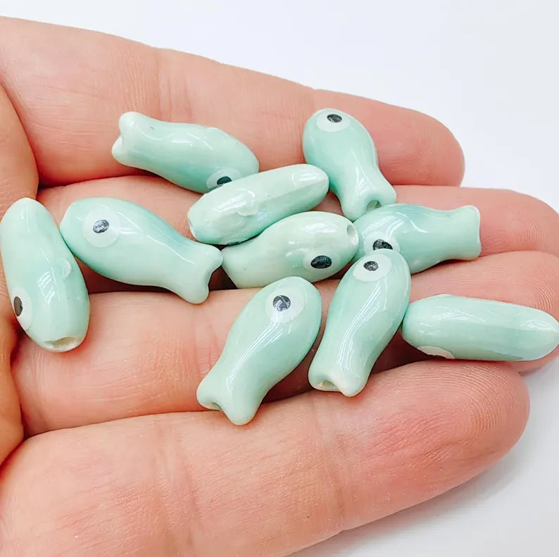 2 Porcelain Fish Beads, Ceramic Fish Beads, Turquoise Beads for Jewelry Making, Cute Fish Beads for DIY Crafts and Accessories 19x10mm G37236