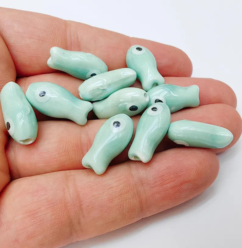2 Porcelain Fish Beads, Ceramic Fish Beads, Turquoise Beads for Jewelry Making, Cute Fish Beads for DIY Crafts and Accessories 19x10mm G37236