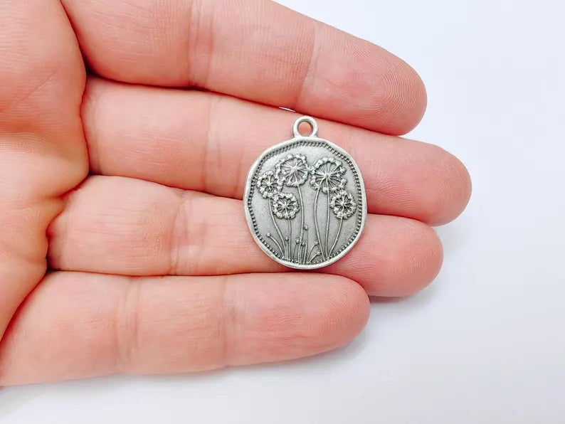 Dandelion Charms, Silver Flower Charms, Boho Charms, Earring Charms, Silver Pendant, Necklace Parts, Antique Silver Plated 29x24mm G37238