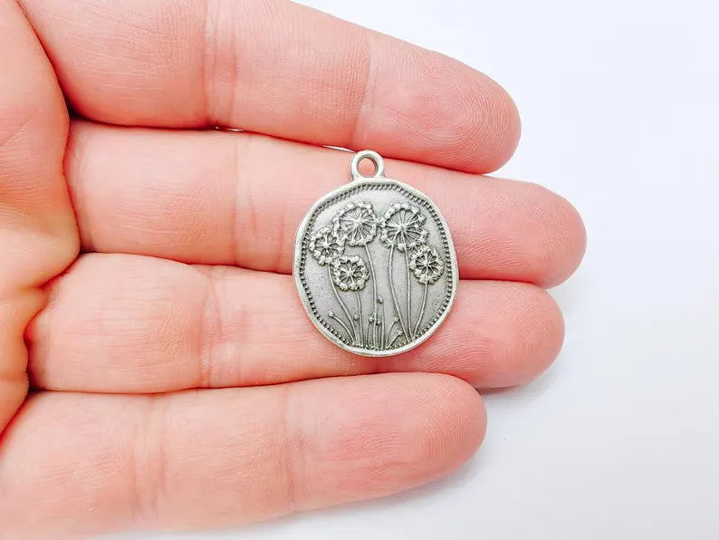 Dandelion Charms, Silver Flower Charms, Boho Charms, Earring Charms, Silver Pendant, Necklace Parts, Antique Silver Plated 29x24mm G37238