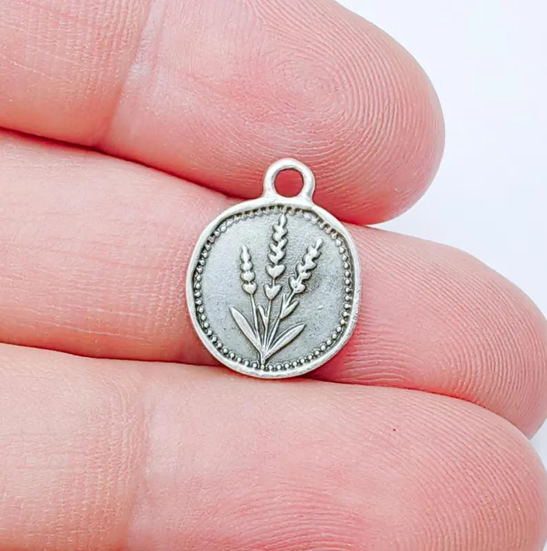 4 Lavender Flower Charm, Double Sided Botanical, Organic Shape Plant Charm, Nature Earring, Floral Tag, Antique Silver Plated 16x12mm G37211