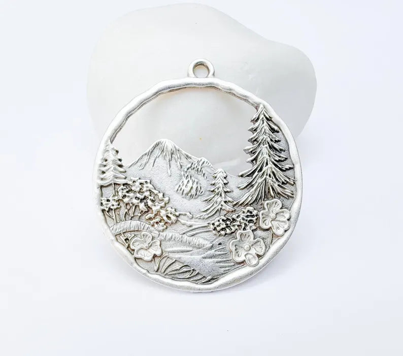 Mountain Tree and Flowers Pendant, Nature Forest Landscape Earring, Pine Tree Jewelry Component, Antique Silver Plated 44x39mm G37209