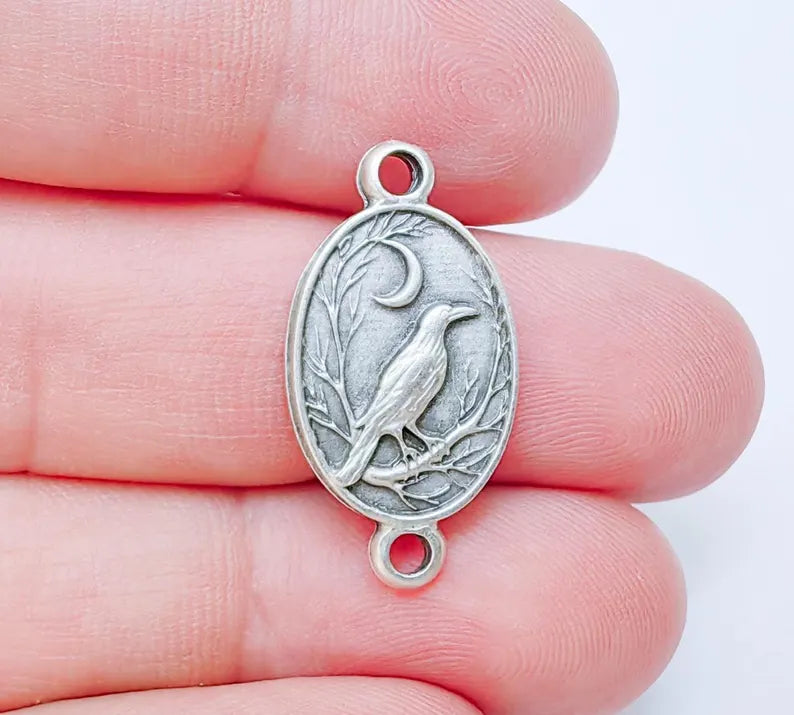 2 Raven and Moon Connector Charm Pendant, Gothic Boho Charm, Nature Earring Charm, Mystical Bird, Antique Silver Plated 27x14mm G37230