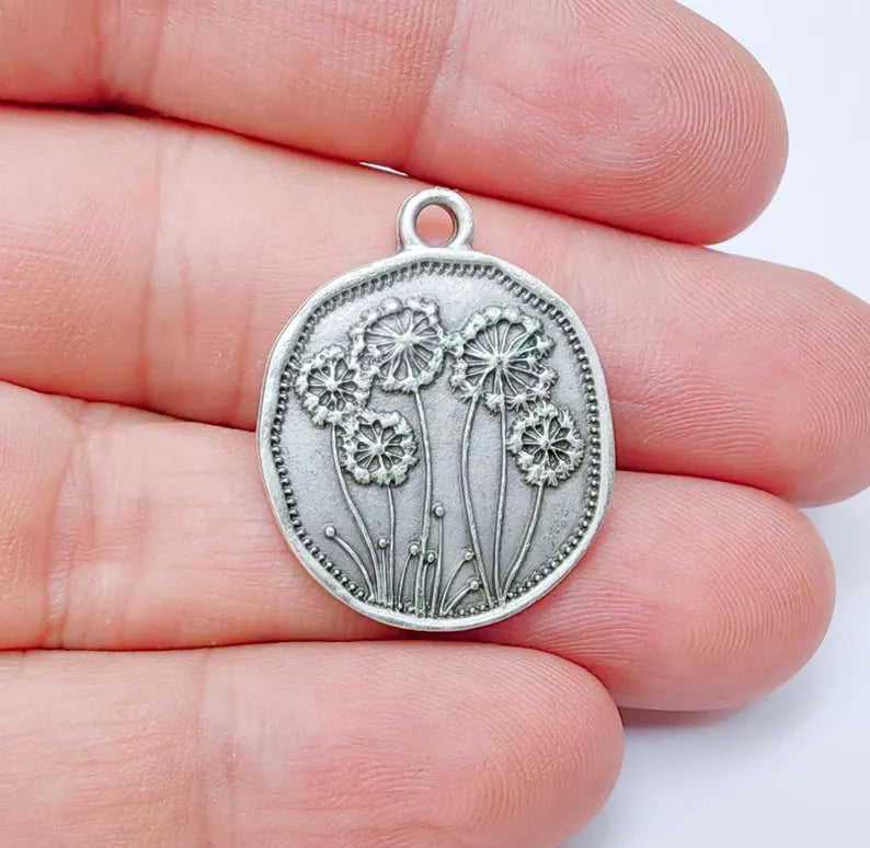 Dandelion Charms, Silver Flower Charms, Boho Charms, Earring Charms, Silver Pendant, Necklace Parts, Antique Silver Plated 29x24mm G37238