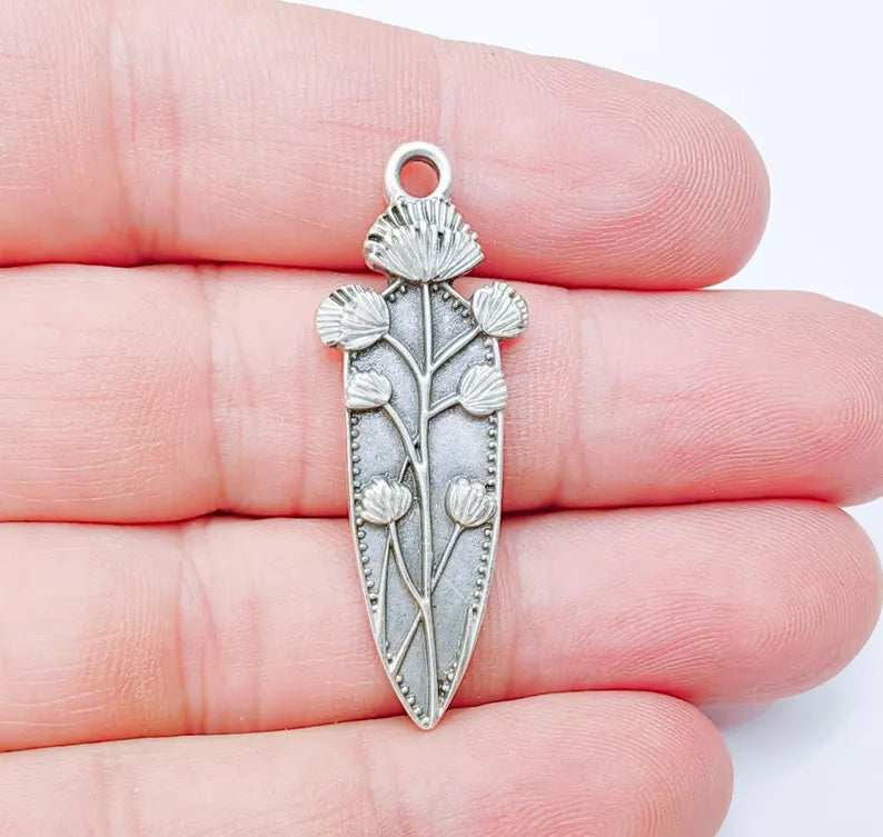Thistle Pendant, Botanical Flower Charm for Necklace, Rustic Boho Jewelry Supply, Nature Jewelry Part, Antique Silver Plated 42x15mm G37223