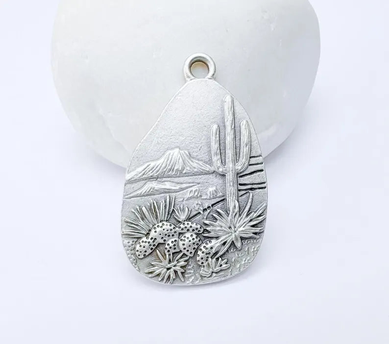 Desert Landscape Pendant, Cactus Teardrop Charm, Southwestern Jewelry, Mountain Nature Boho Pendant, Antique Silver Plated 35x22mm G37210