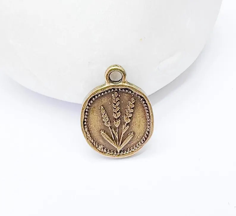 5 Lavender Flower Charm, Double Sided Botanical Organic Shape Bracelet Charm, Nature Earring, Floral Tag, Antique Bronze Plated 16x12mm G37244