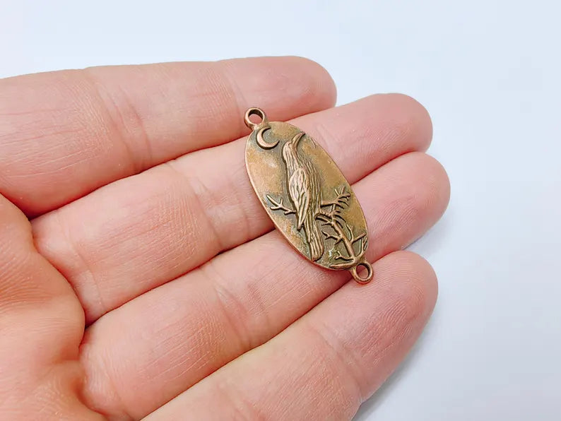 Raven Charm Connector, Gothic Boho Pendant, Bird and Moon Earring, Oval Celestial Mystical Necklace, Antique Copper Plated 38x17mm G37245