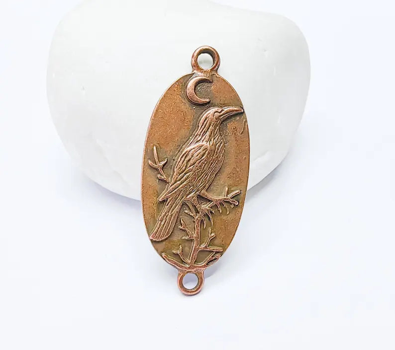 Raven Charm Connector, Gothic Boho Pendant, Bird and Moon Earring, Oval Celestial Mystical Necklace, Antique Copper Plated 38x17mm G37245