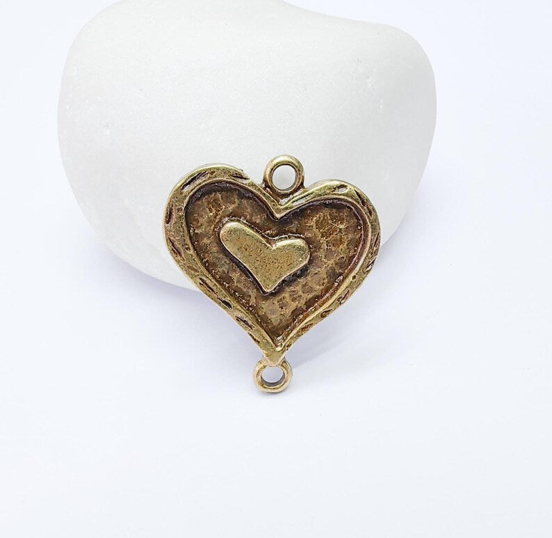 Double Heart Connector Charm, Heart Pendant, Romantic Boho Jewelry, DIY Bracelet Craft, Love Symbol, Antique Bronze Plated 27x24mm G37246