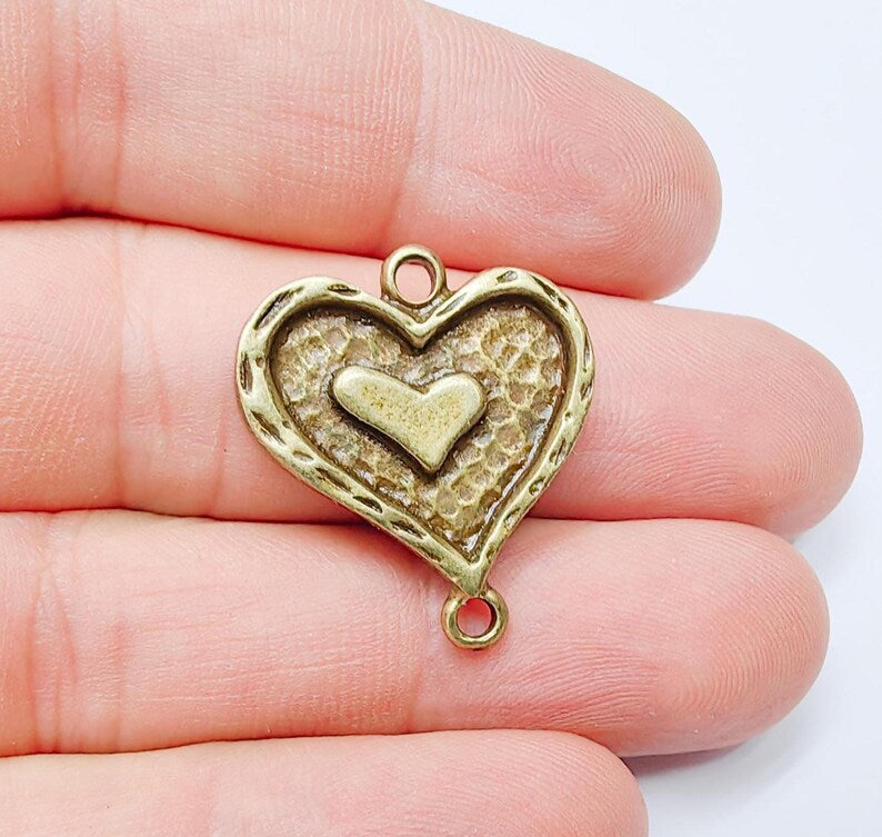 Double Heart Connector Charm, Heart Pendant, Romantic Boho Jewelry, DIY  Bracelet Craft, Love Symbol, Antique Bronze Plated 27x24mm G37246