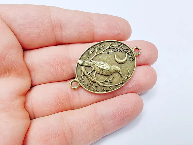 Raven and Moon Connector Charm Pendant, Gothic Boho Charm, Nature Earring, Mystical Bird, Double Hole, Antique Bronze Plated 45x28mm G37254