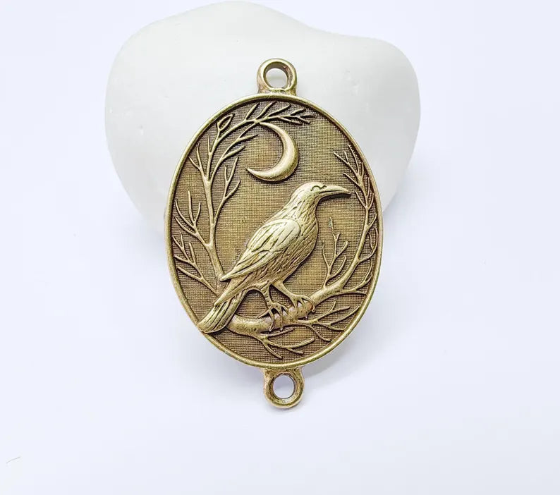 Raven and Moon Connector Charm Pendant, Gothic Boho Charm, Nature Earring, Mystical Bird, Double Hole, Antique Bronze Plated 45x28mm G37254