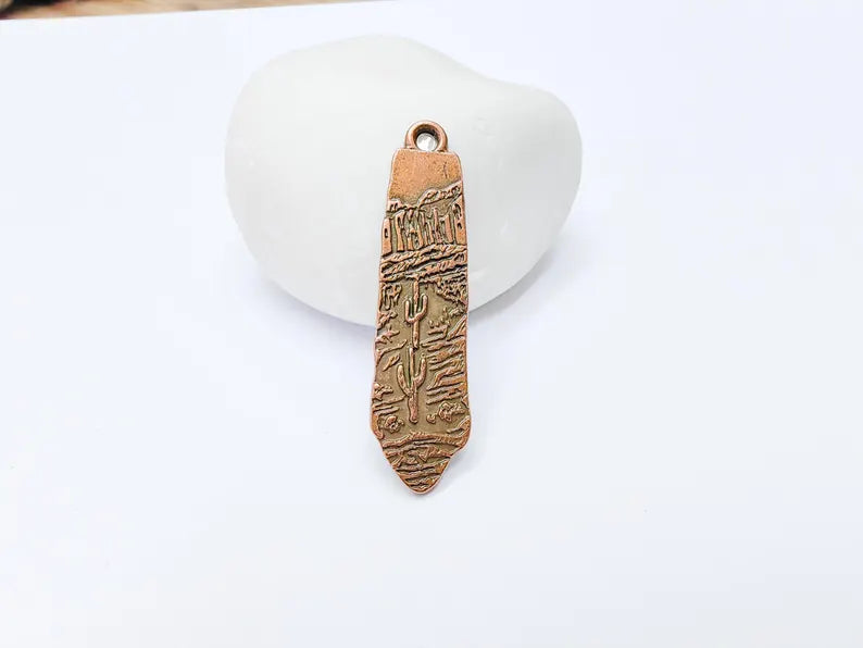 Desert Landscape Pendant, Cactus Charm, Long Earring Charm, Nature Jewelry, Boho Western Charm, Antique Copper Plated 43x11mm G37256