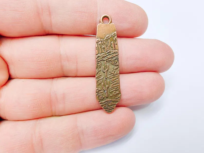 Desert Landscape Pendant, Cactus Charm, Long Earring Charm, Nature Jewelry, Boho Western Charm, Antique Copper Plated 43x11mm G37256