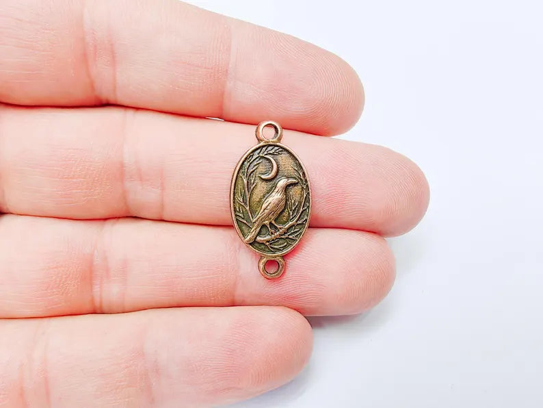 2 Raven and Moon Connector Charm Pendant, Gothic Boho Charm, Nature Earring Charm, Mystical Bird, Antique Copper Plated 27x14mm G37249