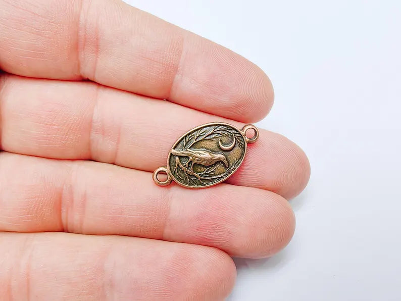 2 Raven and Moon Connector Charm Pendant, Gothic Boho Charm, Nature Earring Charm, Mystical Bird, Antique Copper Plated 27x14mm G37249