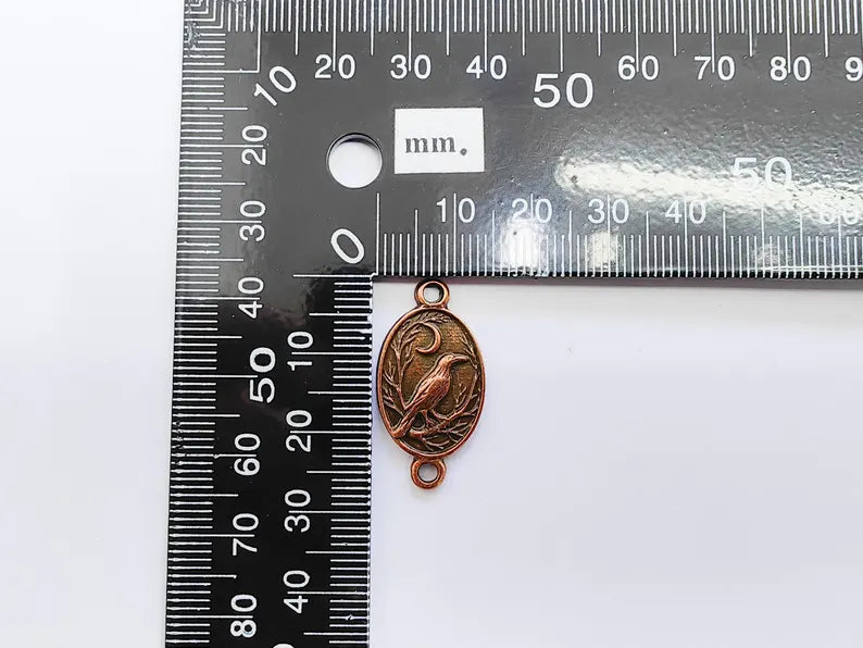 2 Raven and Moon Connector Charm Pendant, Gothic Boho Charm, Nature Earring Charm, Mystical Bird, Antique Copper Plated 27x14mm G37249