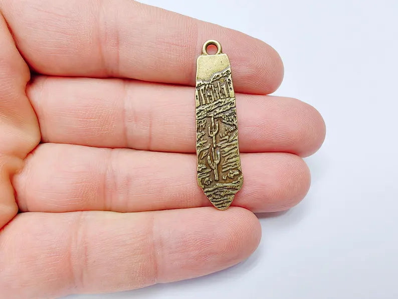 Desert Landscape Pendant, Cactus Charm, Long Earring Charm, Nature Jewelry, Boho Western Charm, Antique Bronze Plated 43x11mm G37250