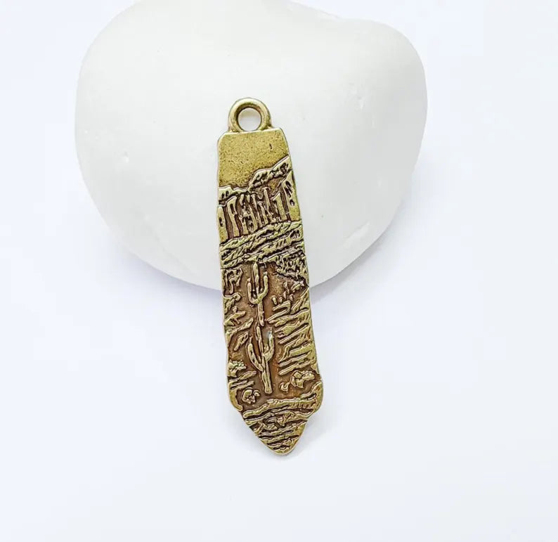 Desert Landscape Pendant, Cactus Charm, Long Earring Charm, Nature Jewelry, Boho Western Charm, Antique Bronze Plated 43x11mm G37250