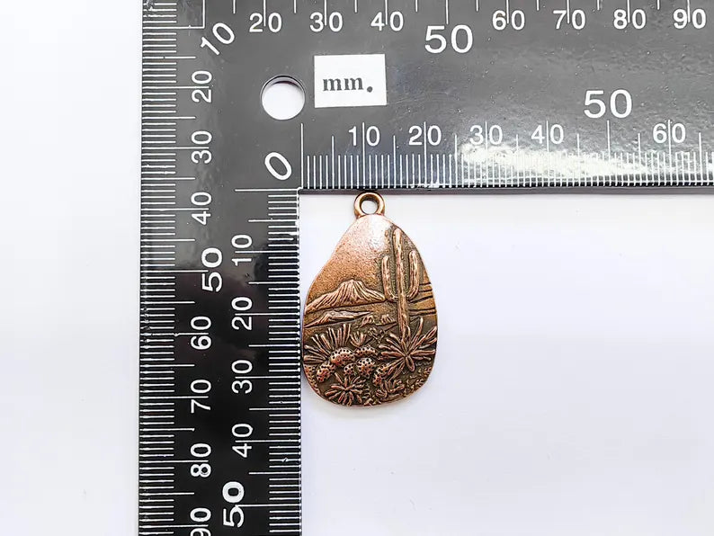 Desert Landscape Pendant, Cactus Teardrop Charm, Southwestern Jewelry, Mountain Nature Boho Pendant, Antique Copper Plated 35x22mm G37251