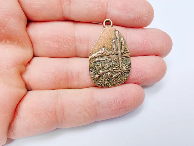 Desert Landscape Pendant, Cactus Teardrop Charm, Southwestern Jewelry, Mountain Nature Boho Pendant, Antique Copper Plated 35x22mm G37251