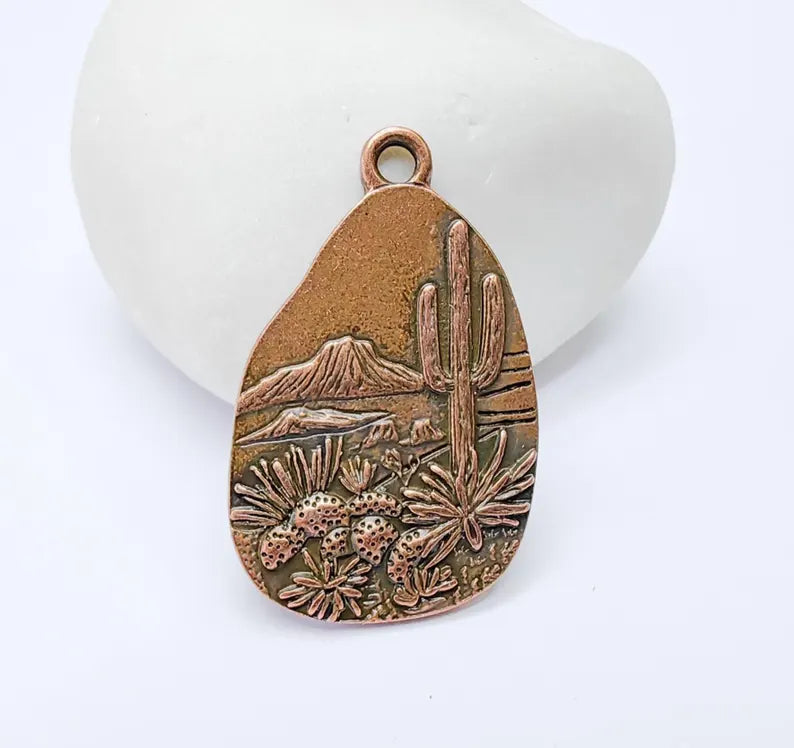 Desert Landscape Pendant, Cactus Teardrop Charm, Southwestern Jewelry, Mountain Nature Boho Pendant, Antique Copper Plated 35x22mm G37251