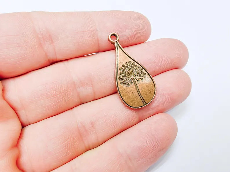Dandelion Pendant, Teardrop Shaped Charm, Botanical Jewelry Supply, Nature Inspired Necklace Part, Antique Copper Plated 33x16mm G37258