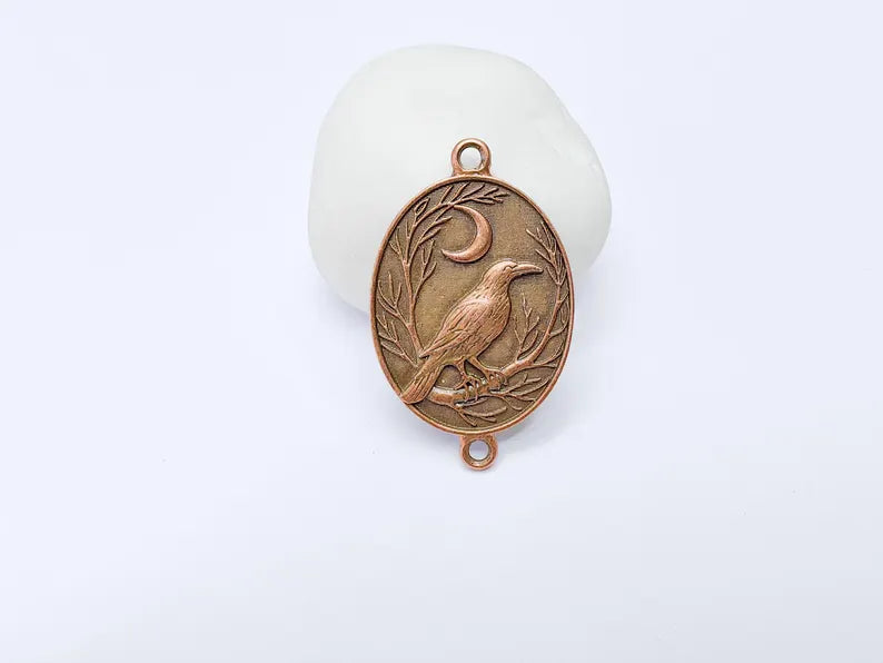 Raven and Moon Connector Charm Pendant, Gothic Boho Charm, Nature Earring, Mystical Bird, Double Hole, Antique Copper Plated 45x28mm G37260