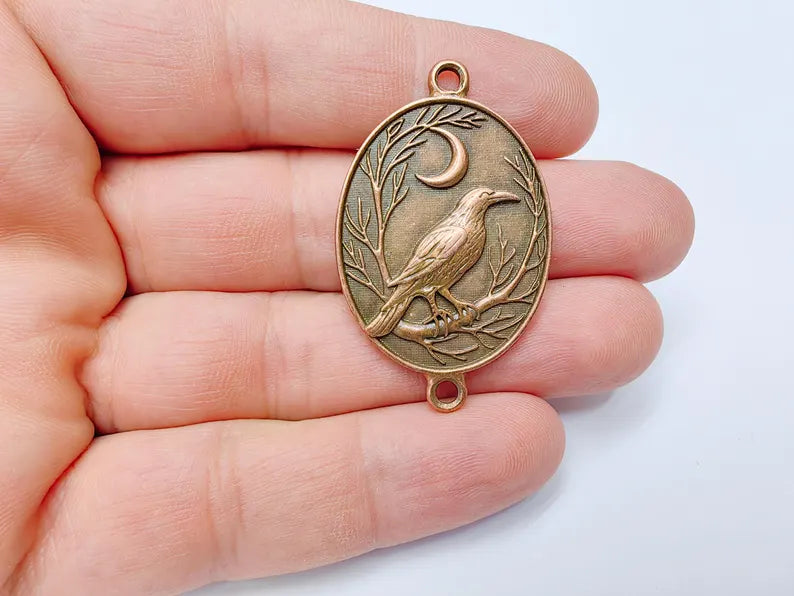 Raven and Moon Connector Charm Pendant, Gothic Boho Charm, Nature Earring, Mystical Bird, Double Hole, Antique Copper Plated 45x28mm G37260