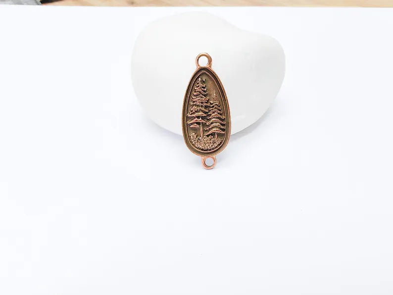 2 Pine Tree Forest Connector Charms, Nature Pendant Boho Earring Charms, Dangle Necklace Part, Antique Copper Plated Zamac 30x14mm G37261