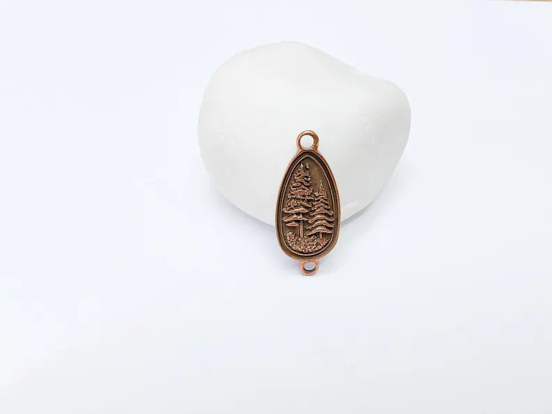2 Pine Tree Forest Connector Charms, Nature Pendant Boho Earring Charms, Dangle Necklace Part, Antique Copper Plated Zamac 30x14mm G37261
