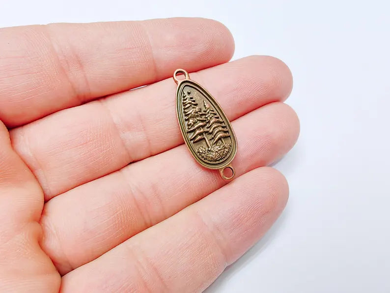2 Pine Tree Forest Connector Charms, Nature Pendant Boho Earring Charms, Dangle Necklace Part, Antique Copper Plated Zamac 30x14mm G37261