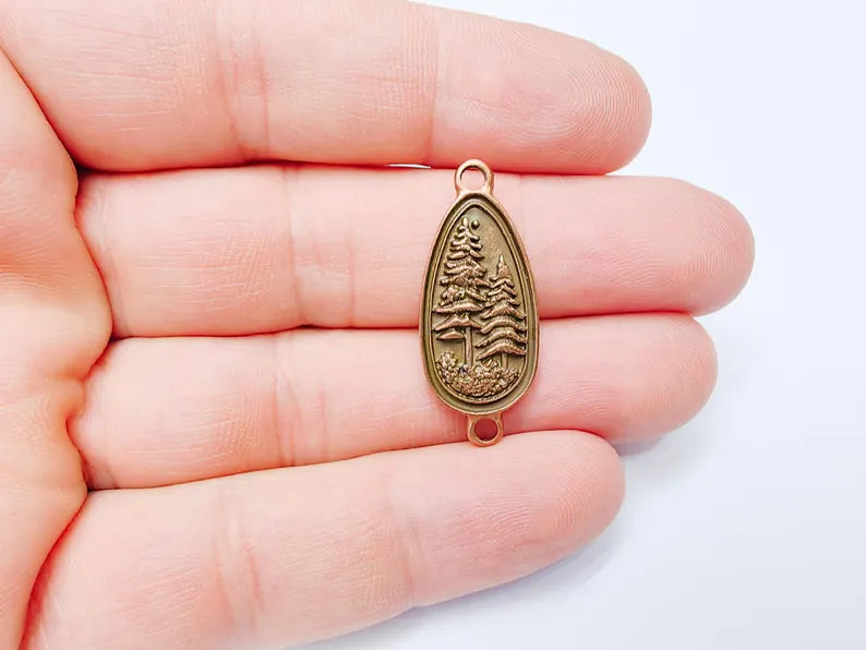 2 Pine Tree Forest Connector Charms, Nature Pendant Boho Earring Charms, Dangle Necklace Part, Antique Copper Plated Zamac 30x14mm G37261