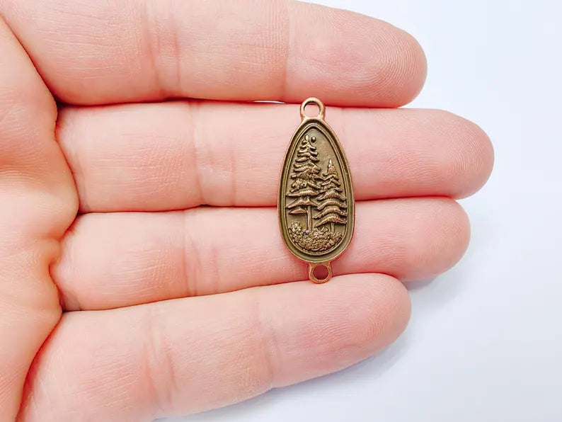 2 Pine Tree Forest Connector Charms, Nature Pendant Boho Earring Charms, Dangle Necklace Part, Antique Copper Plated Zamac 30x14mm G37261